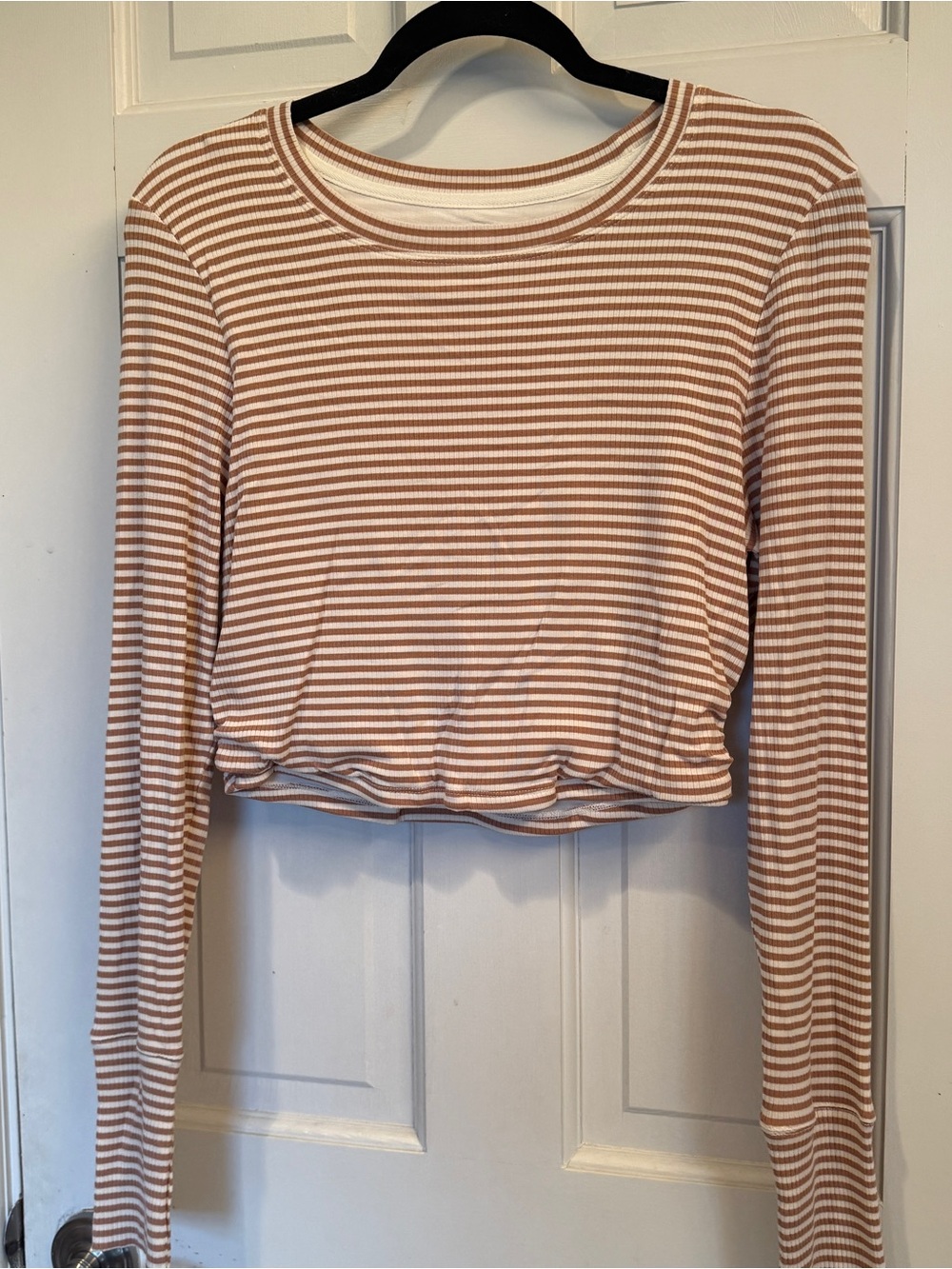 aerie Beige and White Striped Long-Sleeve Crop Tee